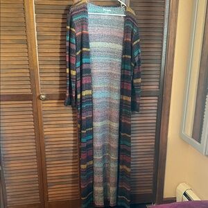 Wrangler Long Open-Front Multicolor Stripe Cardigan in Teal, Burgundy, Mustard